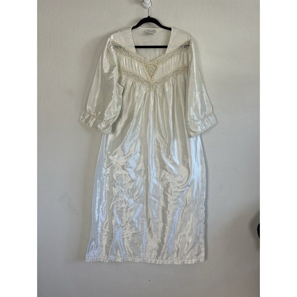 Sophia Morgan Vintage White Satin Nightgown Lace Embroidered Cottagecore Large